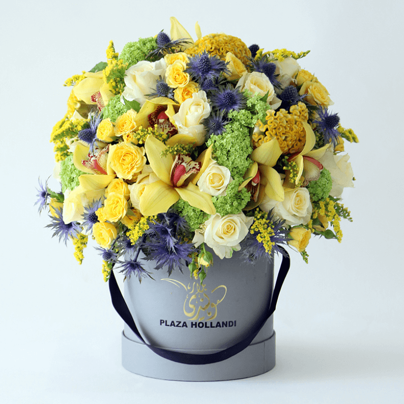yellow hat box design bright yellow flowers in a plaza hollandi hat box