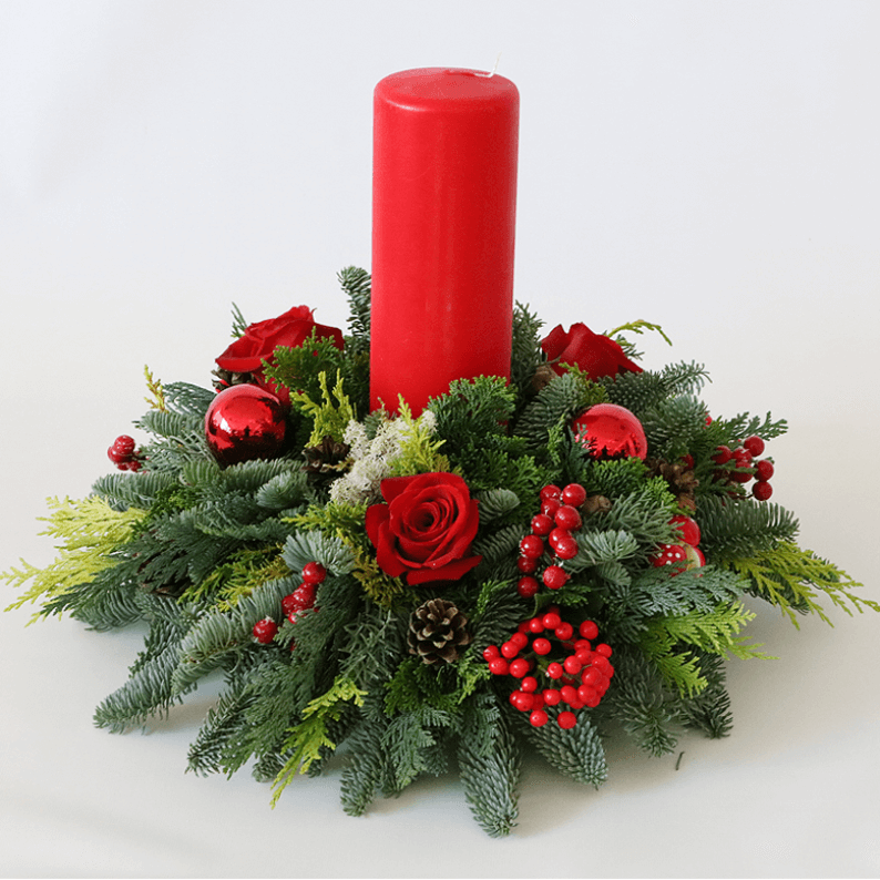 Medium Red Festive Arrangement red candle and nordic spruce arrangement for christmas