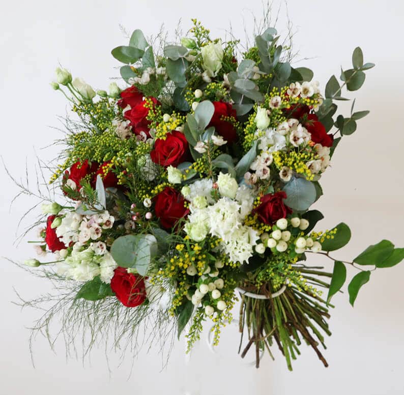 red white and yellow bouquet red, white and yellow bouquet with roses, eustoma, wax flower, hypericum