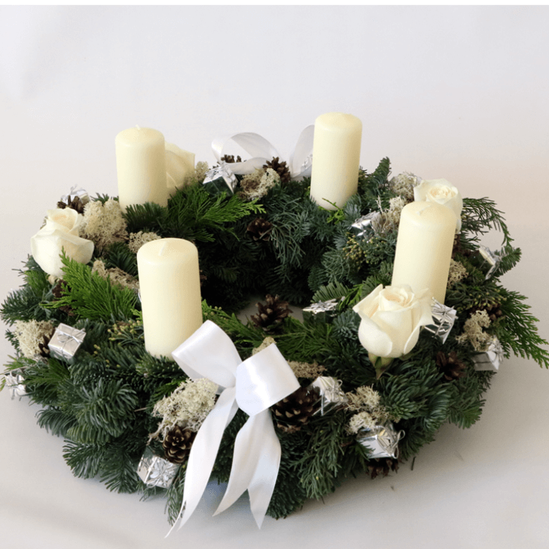 White Festive Wreath Arrangement wreath arrangement with white candles