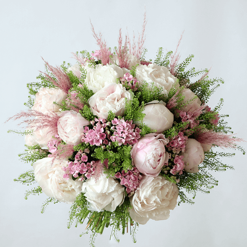 Light pink and white peony bouquet Pink and white peonies with bouvadia in a bouquet with pampas grass