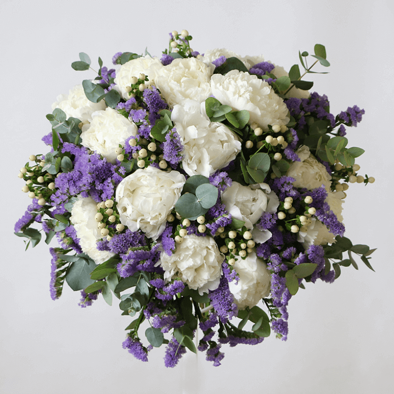 white peony bouquet white peony bouquet with purple statice