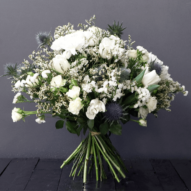 white and blue bouquet white spray rose, limonium, eryngium and eucalyptus bouquet