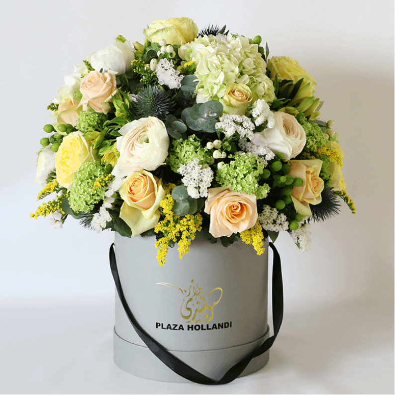 yellow and green flowers in a hat box yellow and green flowers arranged in a dome in a plaza hollandi box