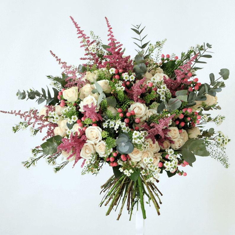 pink, white and green flower bouquet pink astilbe, white spray roses and eustoma bouquet