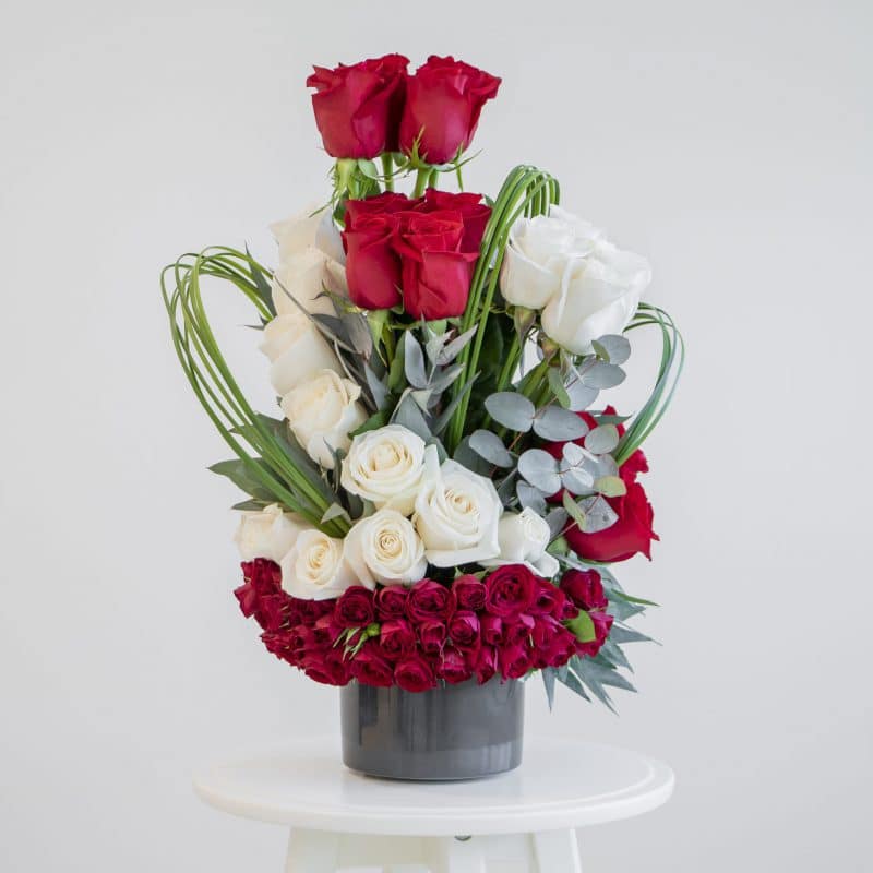 Nadira Red and white roses in a flower arrangement