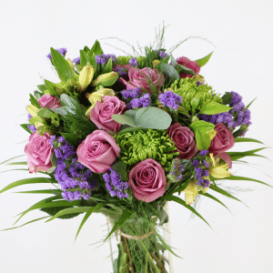 Home 29 Purple roses with statice and chrysanthemums in a bouquet