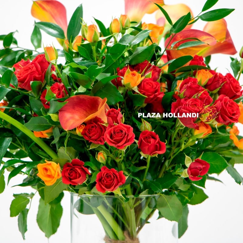 4.1 logo (2) red spray roses and calla lily bouquet close up