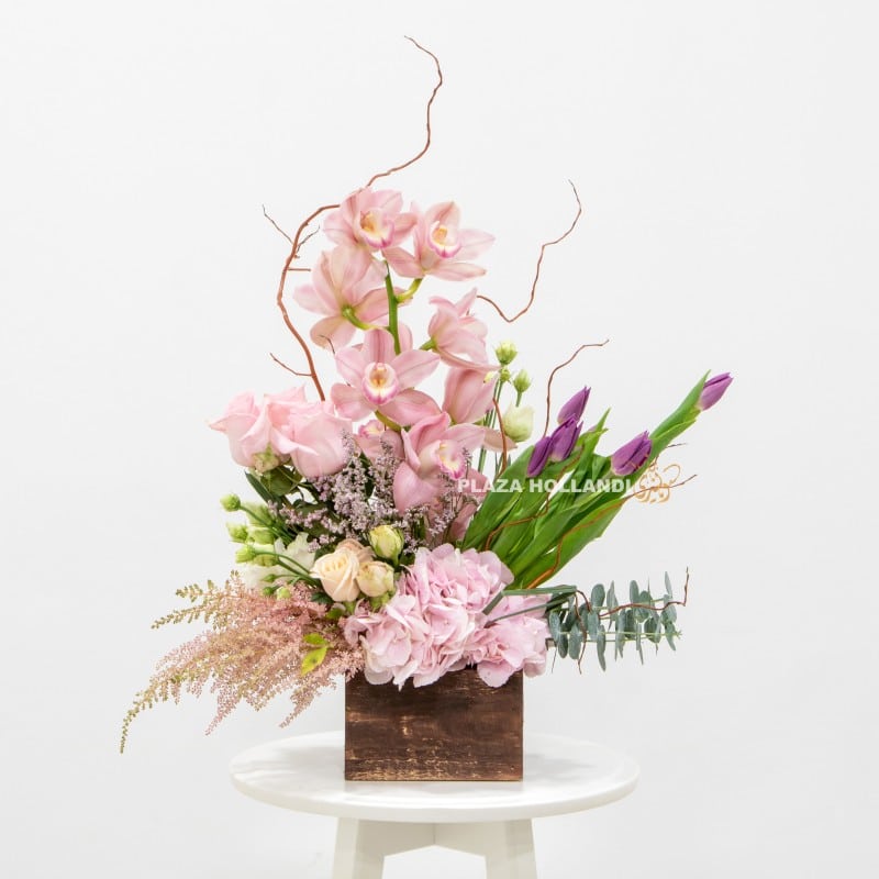 2 Unique arrangement of pink flowers in a box