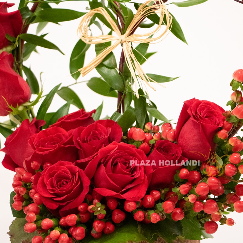 Heart design 2 red roses with hypericum