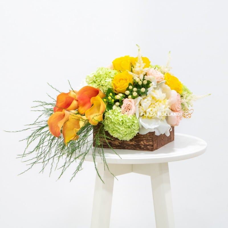 3 yellow, orange and white flower arrangement