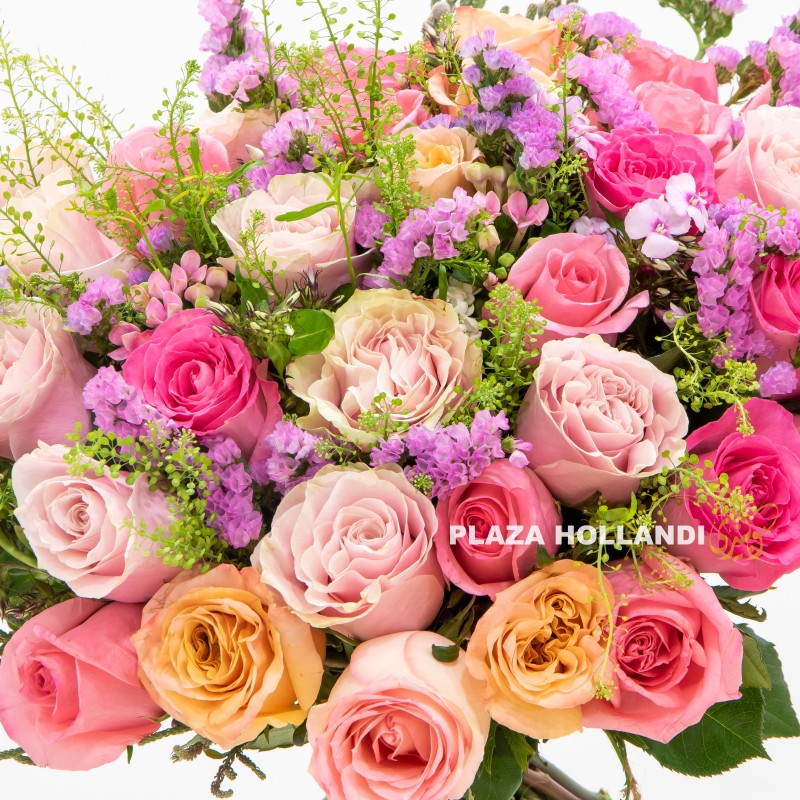 1.2L close up of pink, peach and purple bouquet