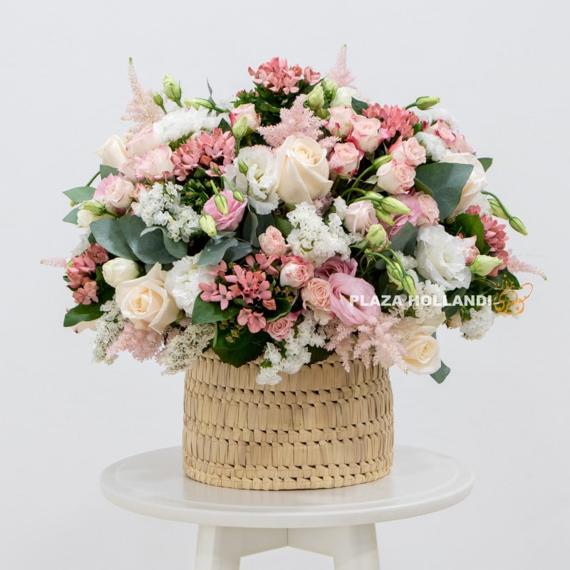 2 (3) Pink and white flower arrangement in a basket