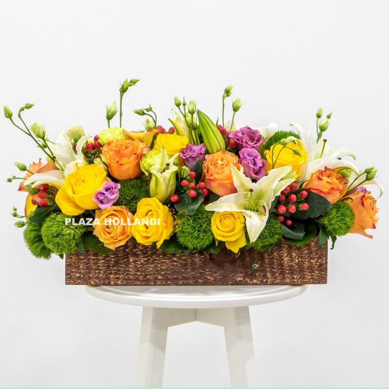 6 Yellow, purple and green flower arrangement