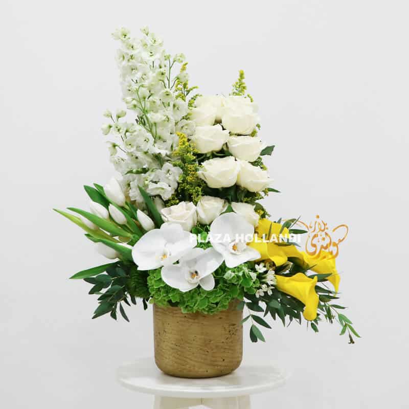 A1 Large gold pot filled with white & yellow flowers