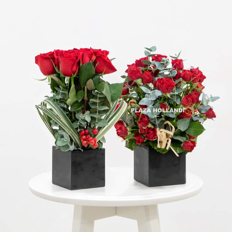 1.jpg two red rose and spray rose flower arrangements
