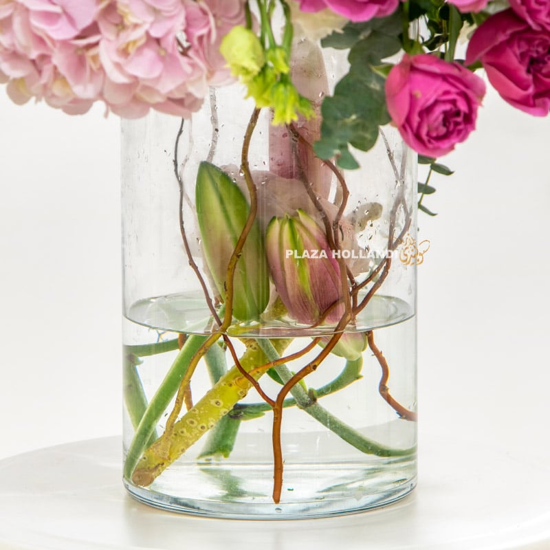 2.3 pink flower arrangement in a glass vase