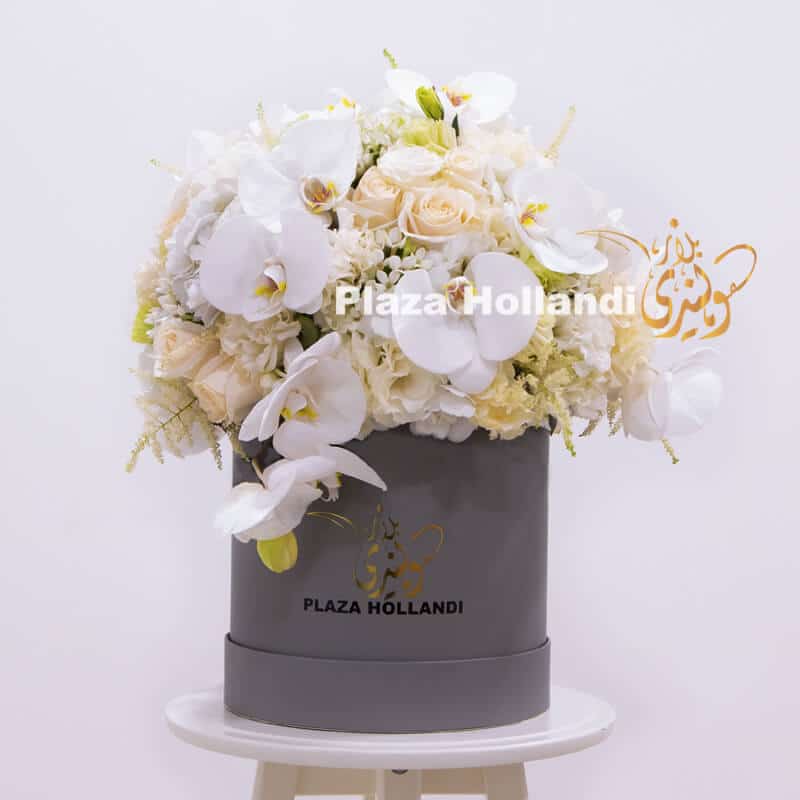 Q3 Luxurious White & Cream Hatbox Arrangement