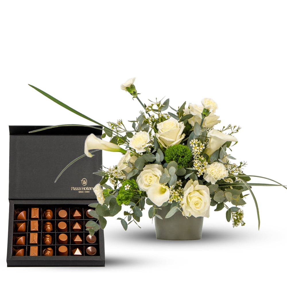 CH 11 White Flower Arrangement with Chocolates