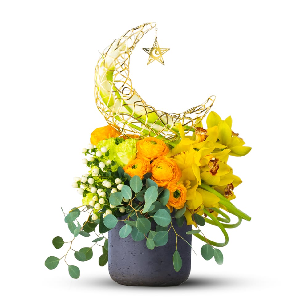 Moon 04 Yellow Flower Arrangement In a Gray Pot