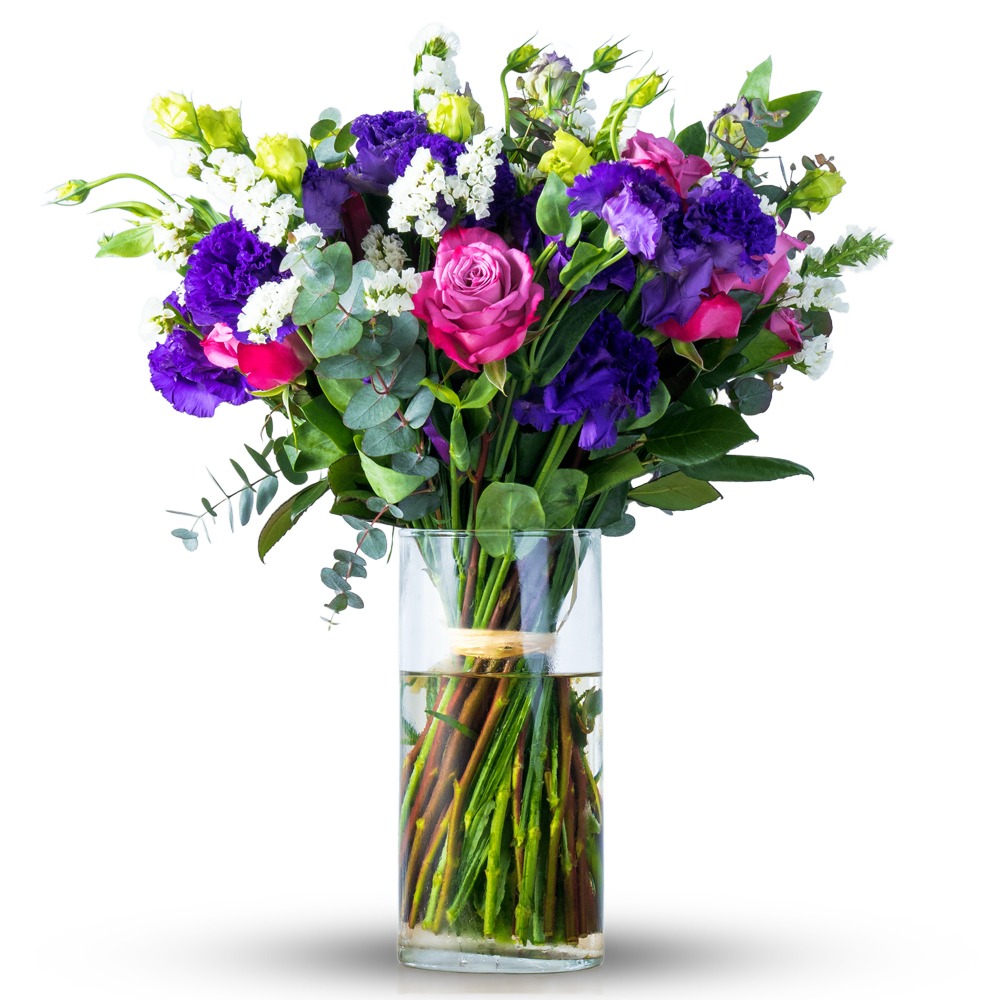 WD 16 Rose Statice Eucalyptus Bouquet in Glass Vase