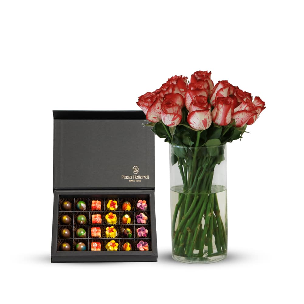 09 Chili Roses with Glass Vase and Chocolate