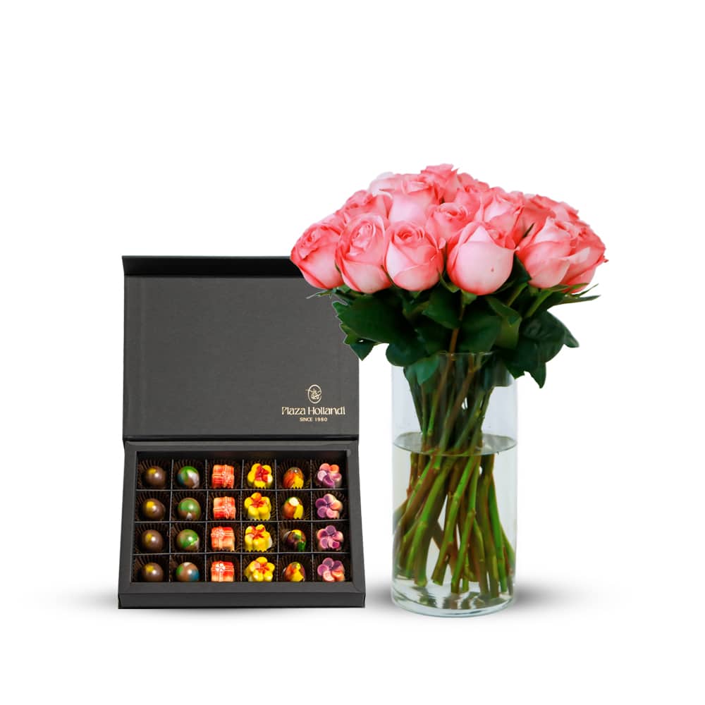10 25 Pink X-Pression Garden Rose with Glass Vase and Chocolate