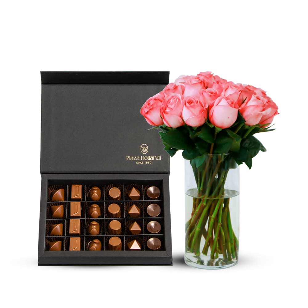 A 25 Pink X-Pression Garden Rose with Glass Vase and Dessert Chocolate