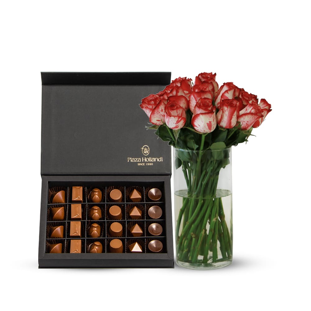 B Chili Roses with Glass Vase and Dessert Chocolate