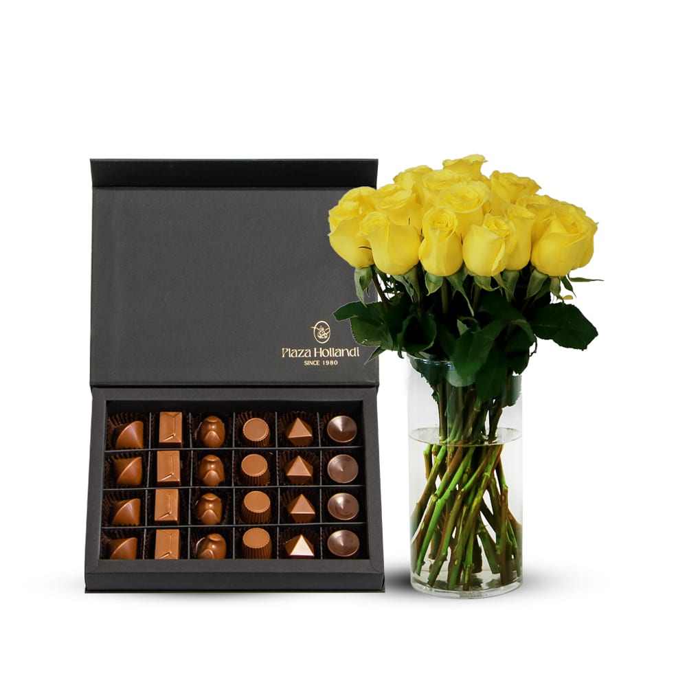 H 25 Yellow X-Citing Garden Rose with Glass Vase and Dessert Chocolate