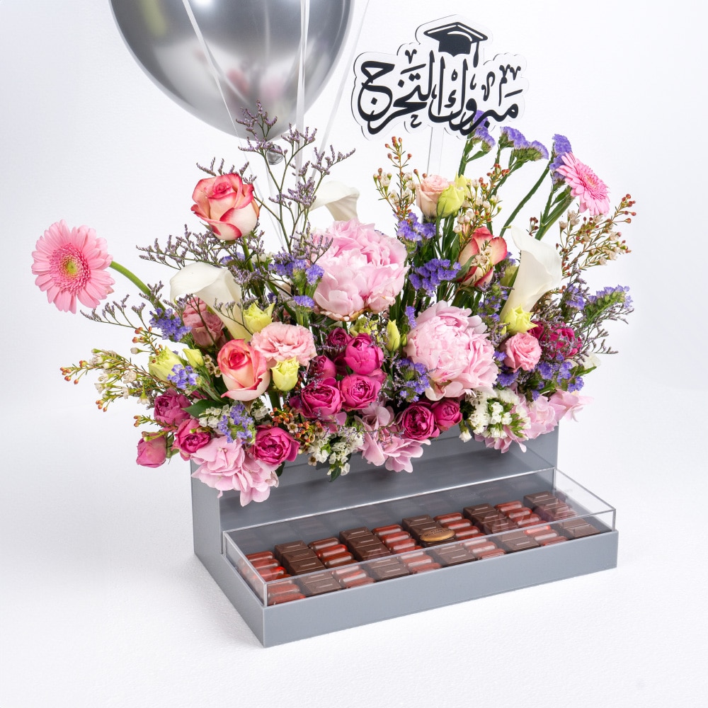 1.2 Pink Gerbera and Spray Rose Celebration with Sweet Indulgence