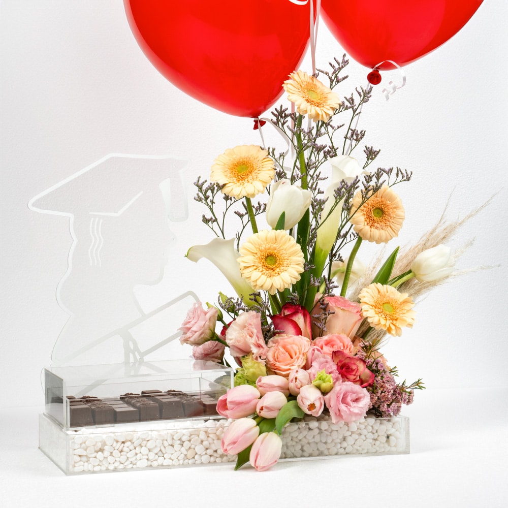 2.2 Peach Gerbera and Pink Tulip Celebration with Red Balloon