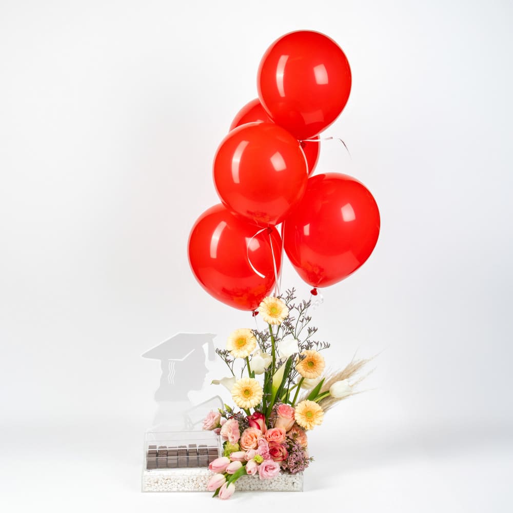 2 Peach Gerbera and Pink Tulip Celebration with Red Balloon