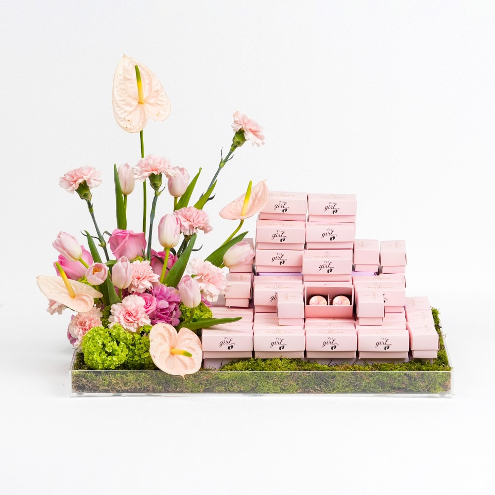 2new Baby Girl: Tulips, Roses with Coconut Filled Chocolates