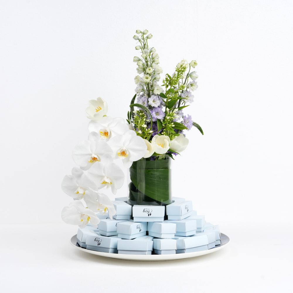 3 Baby Boy : Tulips, Roses with Pistachio Filled Chocolates