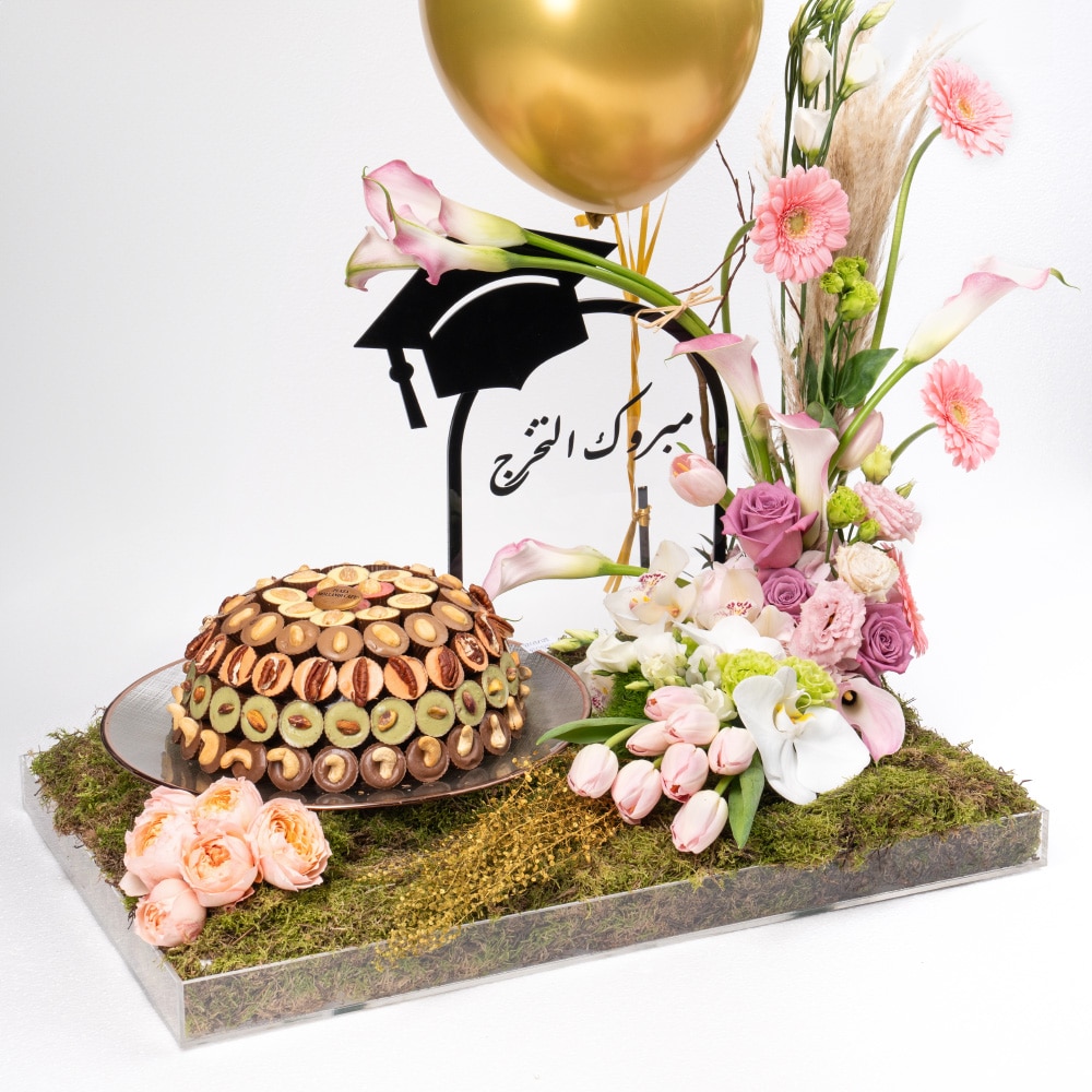 3.2 Pink Gerbera and Tulip Celebration with Nuts and Chocolates