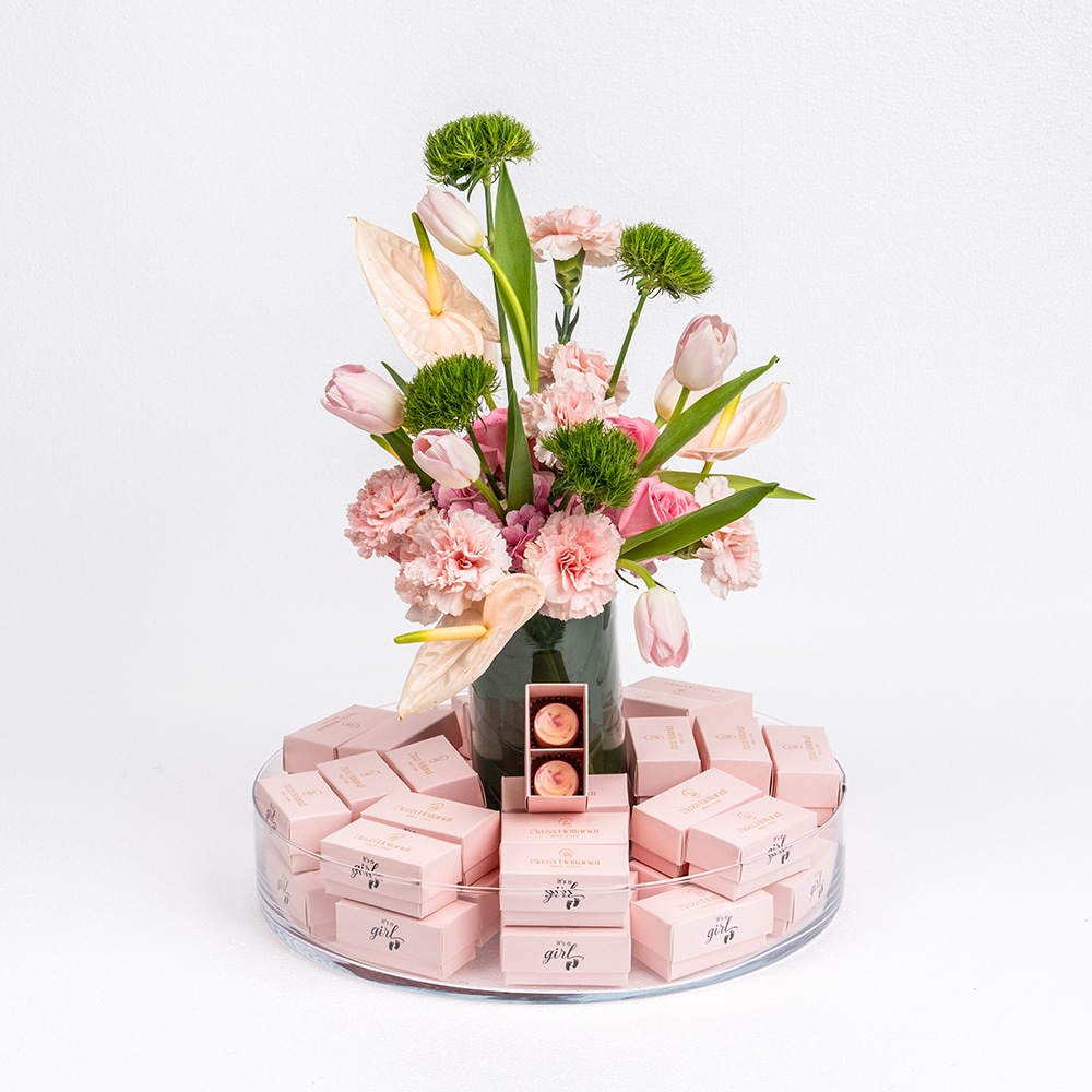 4.1new Baby Girl : Tulips, Roses with Coconut Filled Chocolates