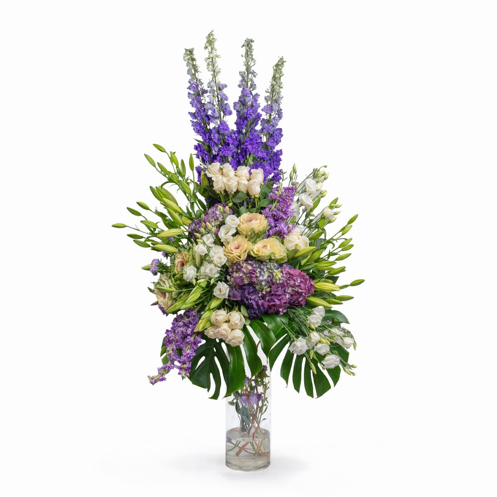 f White Roses and Delphinium Dream Lavender Arrangement