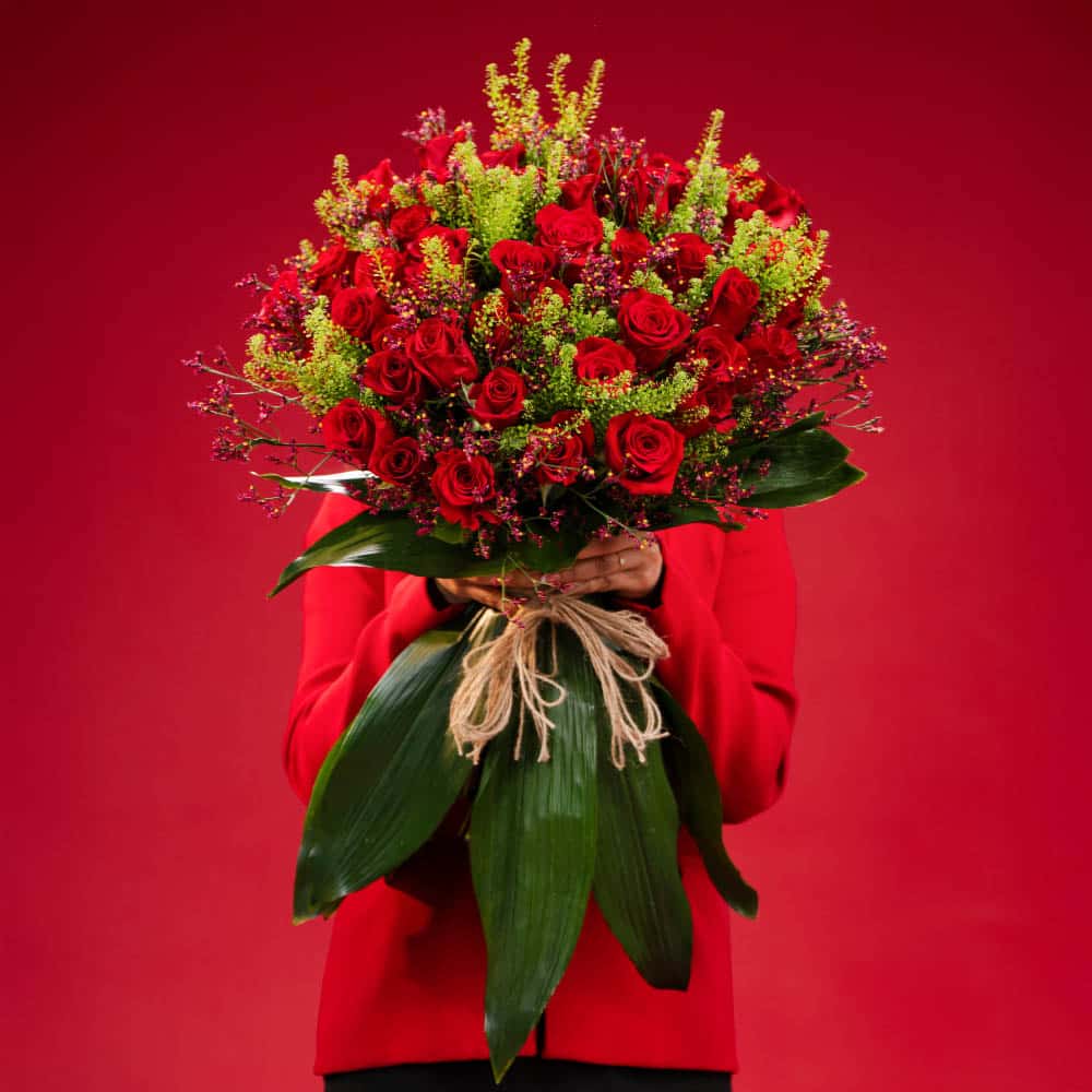 14 Charming Floral Mix: Red Roses, Limonium, Green Bell & Aspidistra
