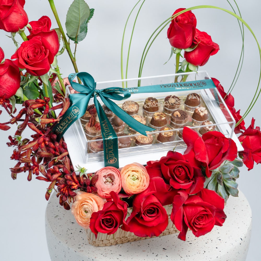 A11.1 Romantic Basket of Red Roses, Peach Ranunculus & Echeveria with Chocolate