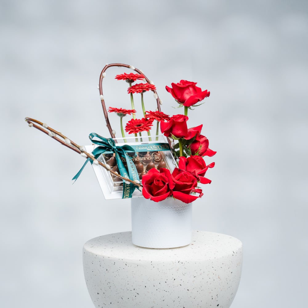 A12 Red Roses, Gerbera, Willow & Chocolate - 42 cm Tall