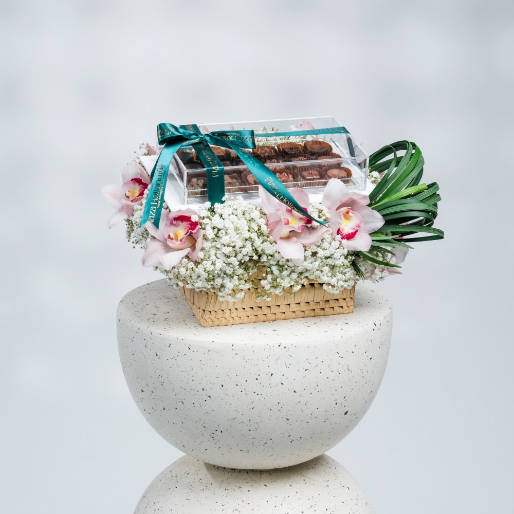 A13 Elegant Gypsophila & Cymbidium Basket with Chocolate