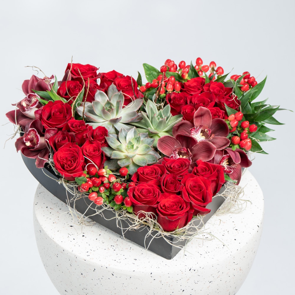A27 Heart-Shaped Floral Box with Red Roses, Cymbidium & Echeveria