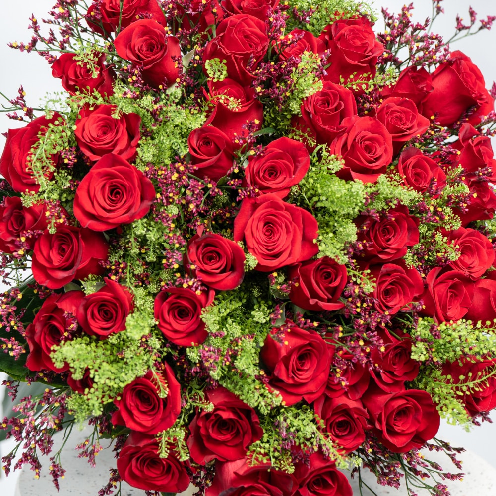 A29.1 Charming Floral Mix: Red Roses, Limonium, Green Bell & Aspidistra