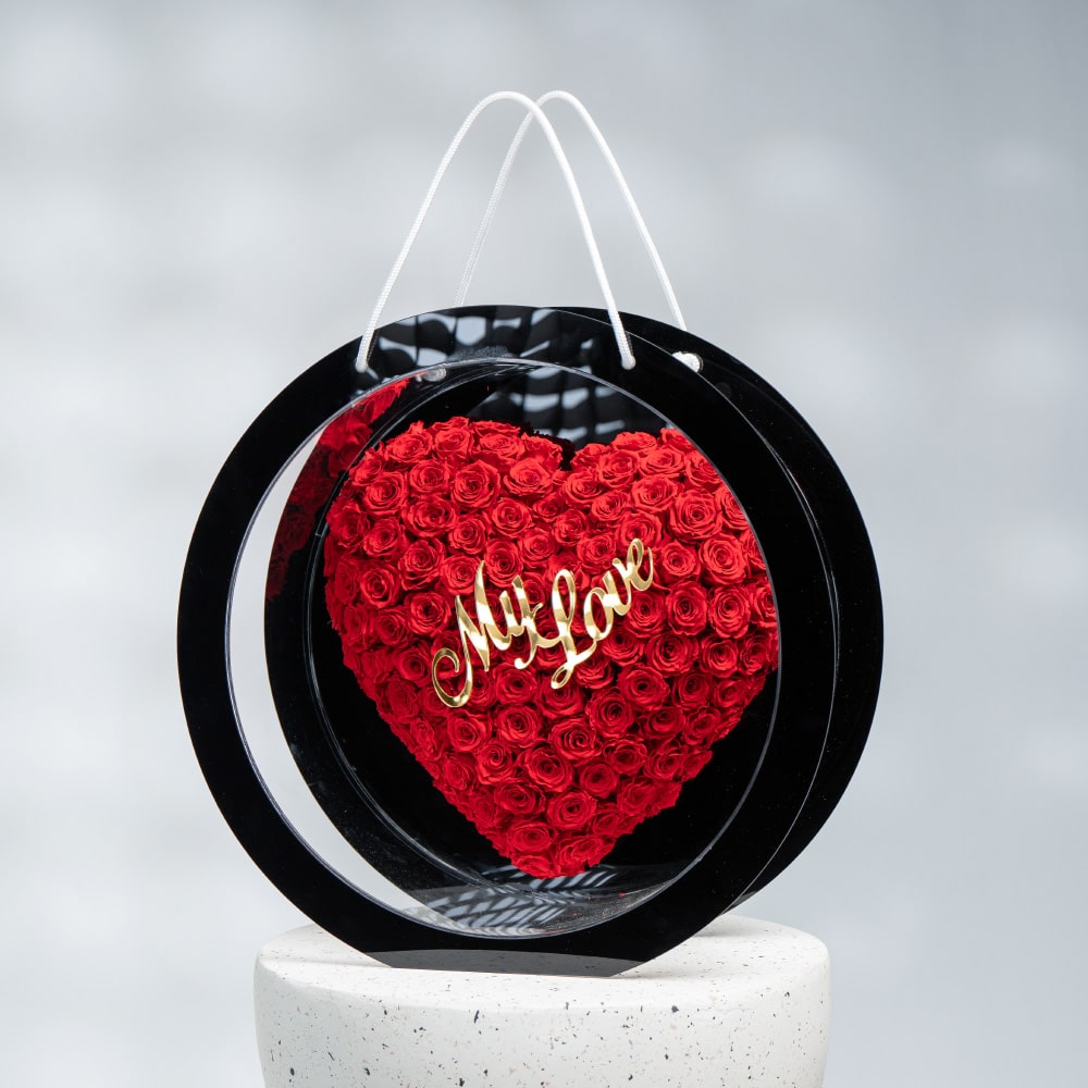 A33.1 "My Love" Preserved Roses in Black Acrylic Valentine's Bag (45 cm)
