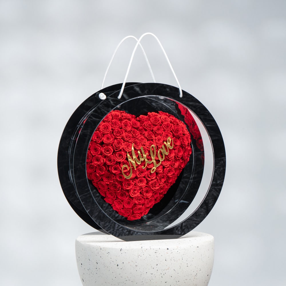 A33 "My Love" Preserved Roses in Black Acrylic Valentine's Bag (45 cm)