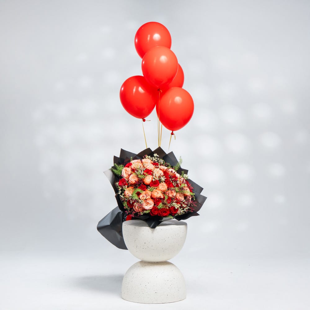 A9 Love & Light: Orange & Red Roses with Limonium & Floating Balloon
