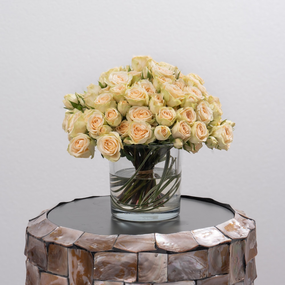 DSC07549 Peach Spray Roses in Stylish Glass Vase (13 CM)