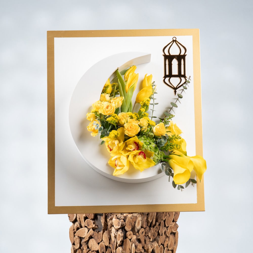 11 Radiant Sunrise: Yellow Cymbidium & Callas in Wooden Moon