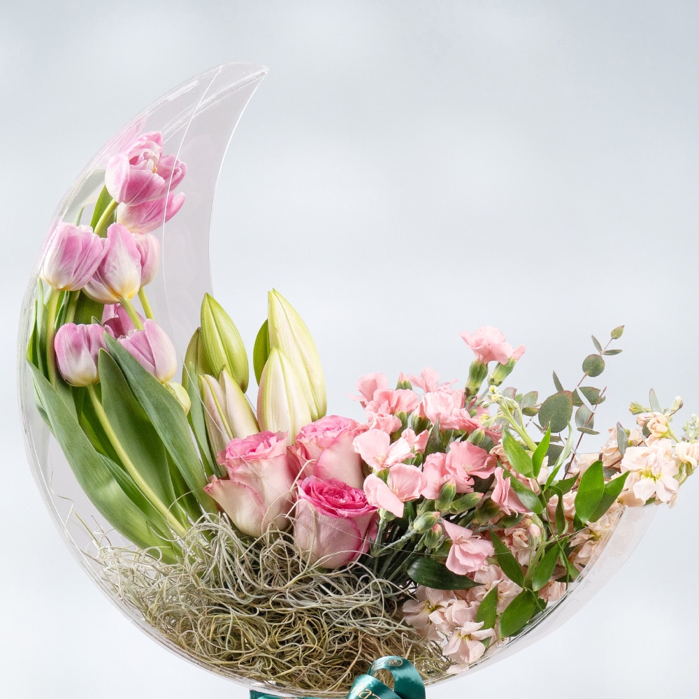 12.2 Moonlit Bloom: Pink Tulips, Roses & Lilies Elegance in Acrylic Moon